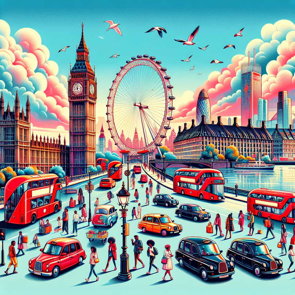 En livlig og fargerik illustrasjon av London med kjente landemerker som Big Ben, London Eye, og Tower Bridge