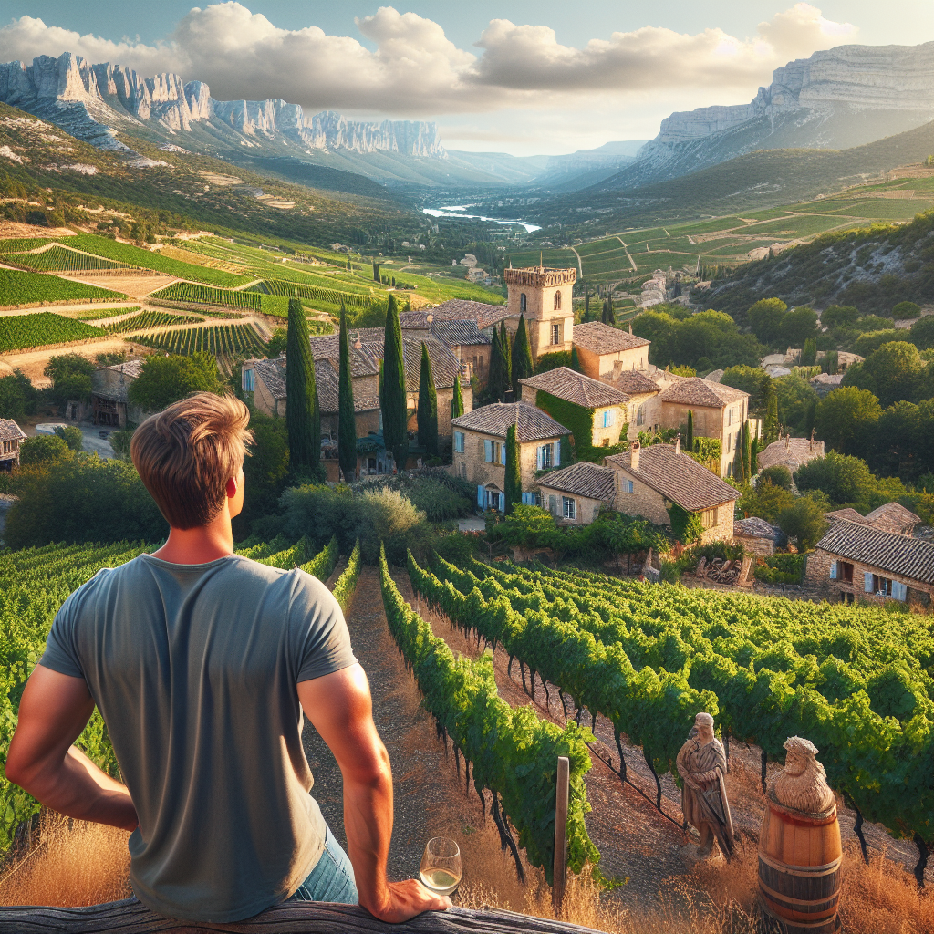 Oversiktsbilde av fransk landskap: vinranker i forgrunnen, Provence-lys og fjell i bakgrunnen, en liten middelalderlandsby og en turist som nyter utsikten
