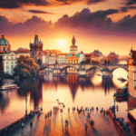 Karlsbroen i Praha ved gyllen solnedgang, elvens refleksjoner, historiske brosteinsgater og turister i myke farger